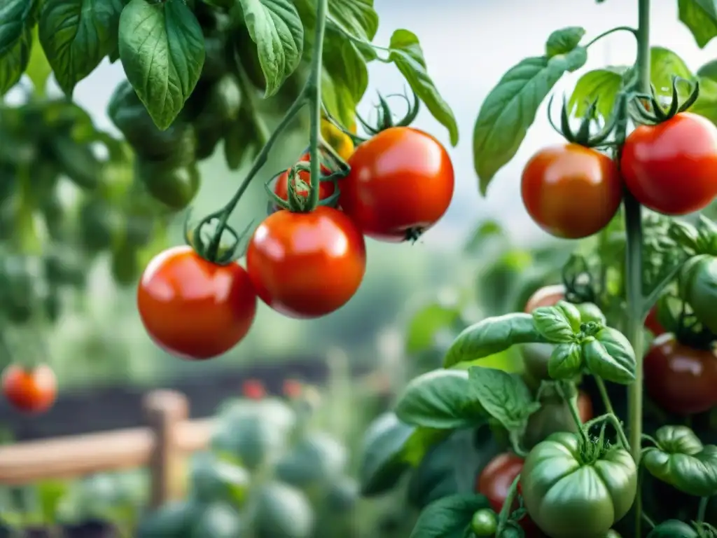 Un vibrante huerto urbano de tomates rojos maduros y albahaca, con personas cultivando