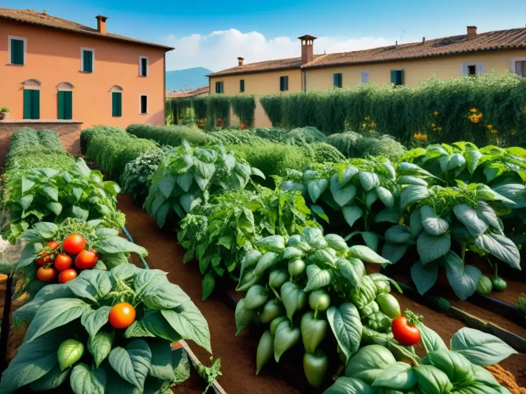 Un vibrante huerto urbano en Italia con tomates maduros, albahaca, pimientos y calabacines, junto a un edificio de piedra