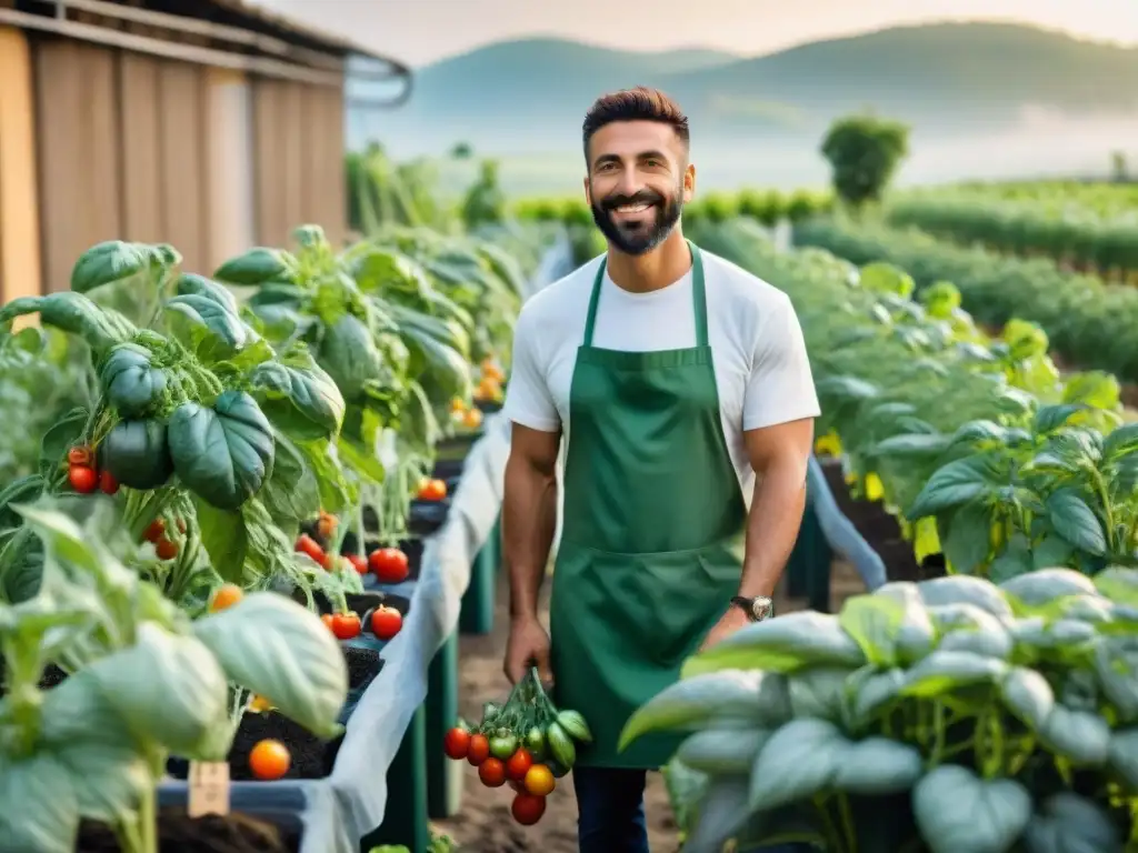 Un vibrante huerto urbano en Italia, con tomates coloridos, albahaca y calabacines