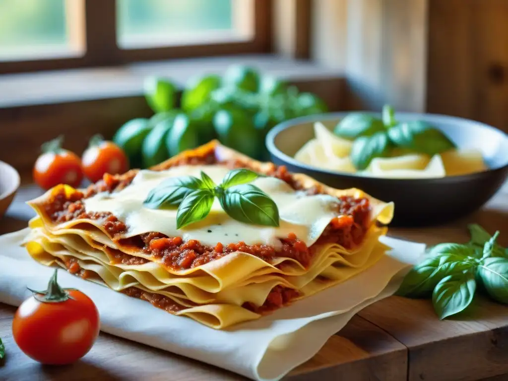 Composición vibrante de ingredientes frescos para receta auténtica de lasaña boloñesa en mesa rústica