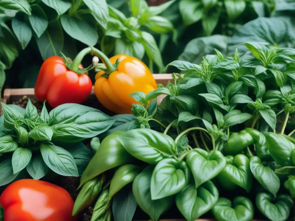 Un rincón vibrante de ingredientes italianos en un huerto urbano, resplandeciendo vida y color