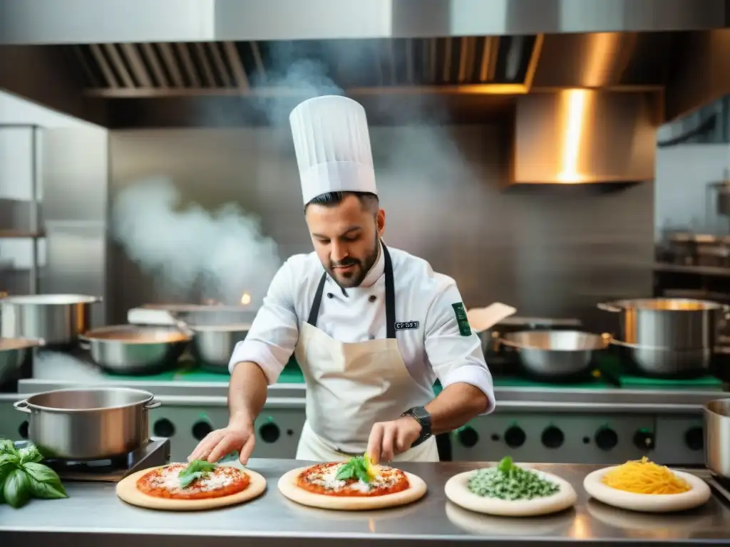 Un vibrante instante en la cocina de un restaurante italiano sostenible, con chefs creando platos coloridos y aromáticos