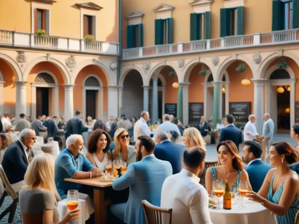 Vibrante piazza italiana al atardecer con aperitivo tradicional