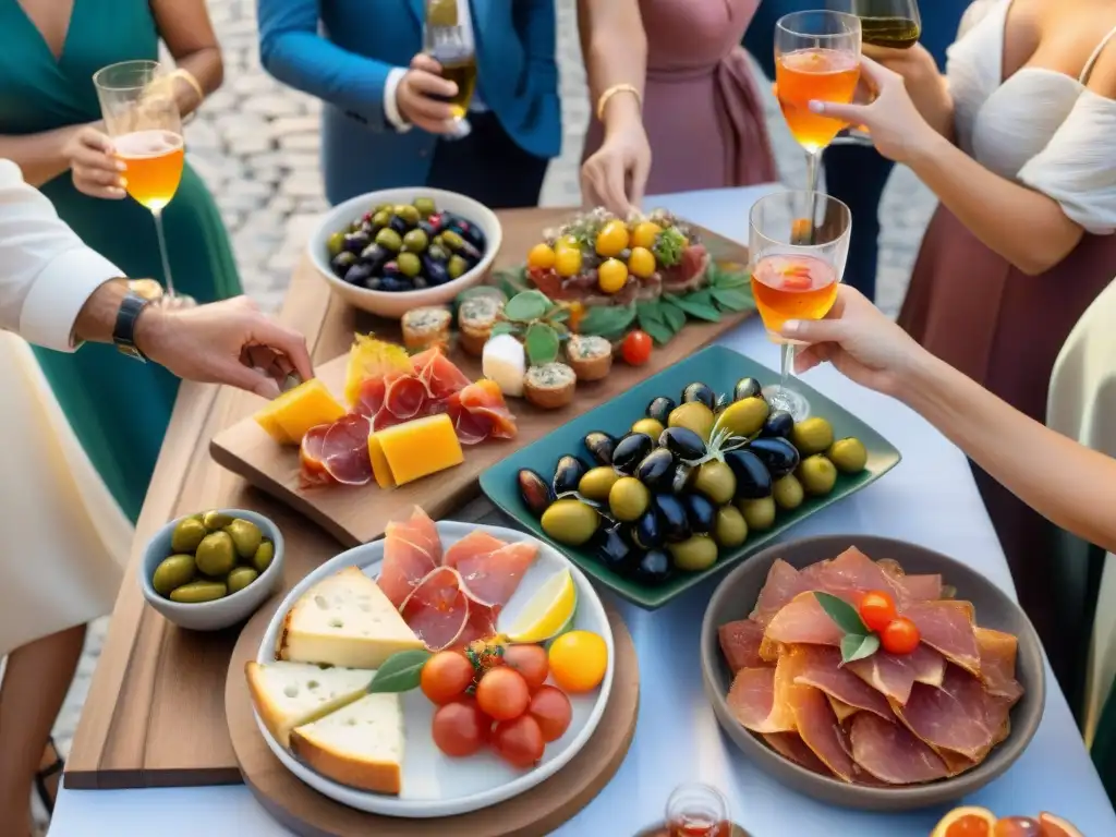 Vibrante piazza italiana al atardecer con aperitivo tradicional