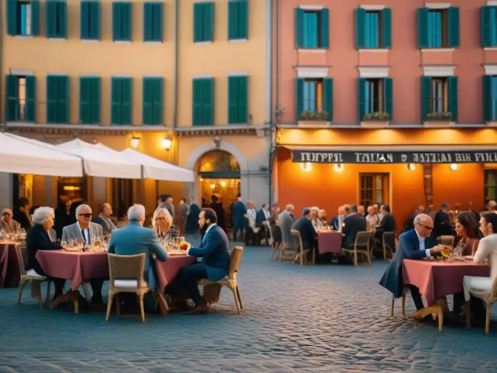 Vibrante piazza italiana al atardecer, reflejando la Cultura del Aperitivo en Italia