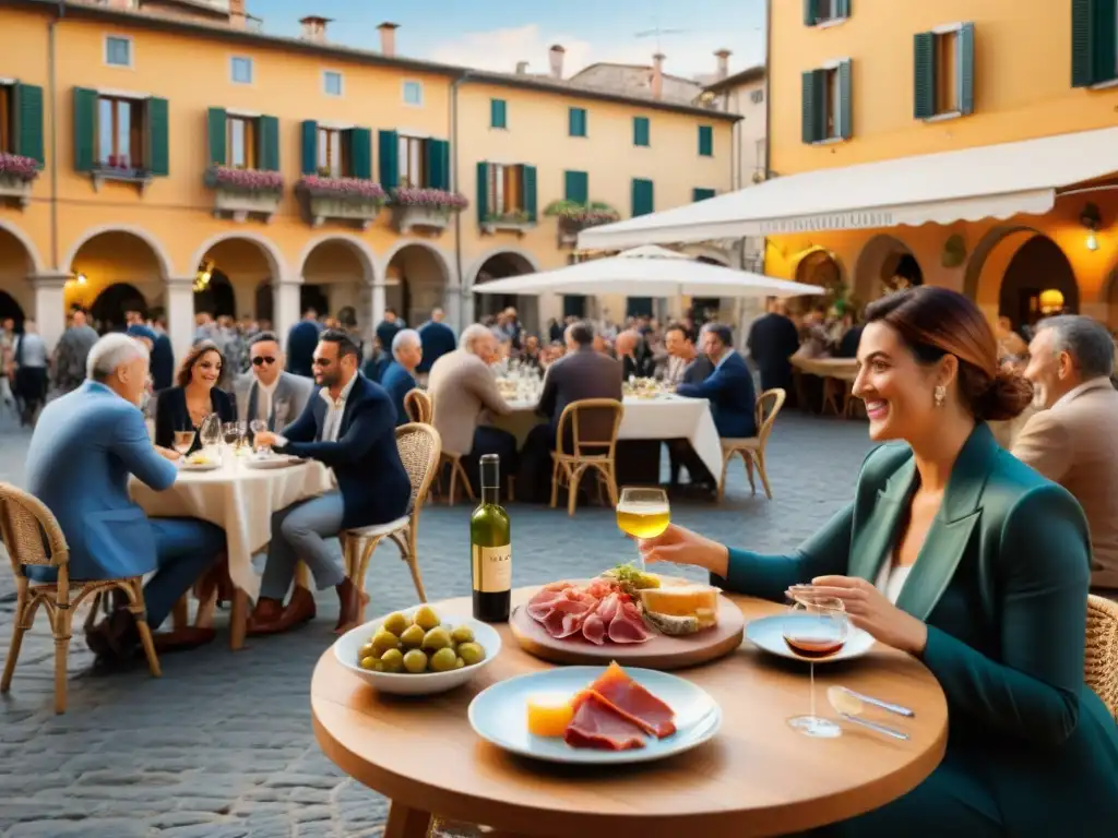 Vibrante piazza italiana al atardecer con locales y turistas disfrutando del aperitivo