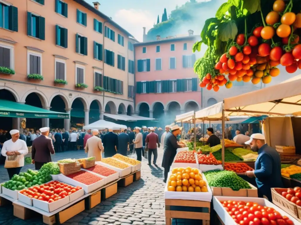 Vibrante piazza italiana repleta de tomates de todos tamaños y colores, evocando el origen y evolución del tomate