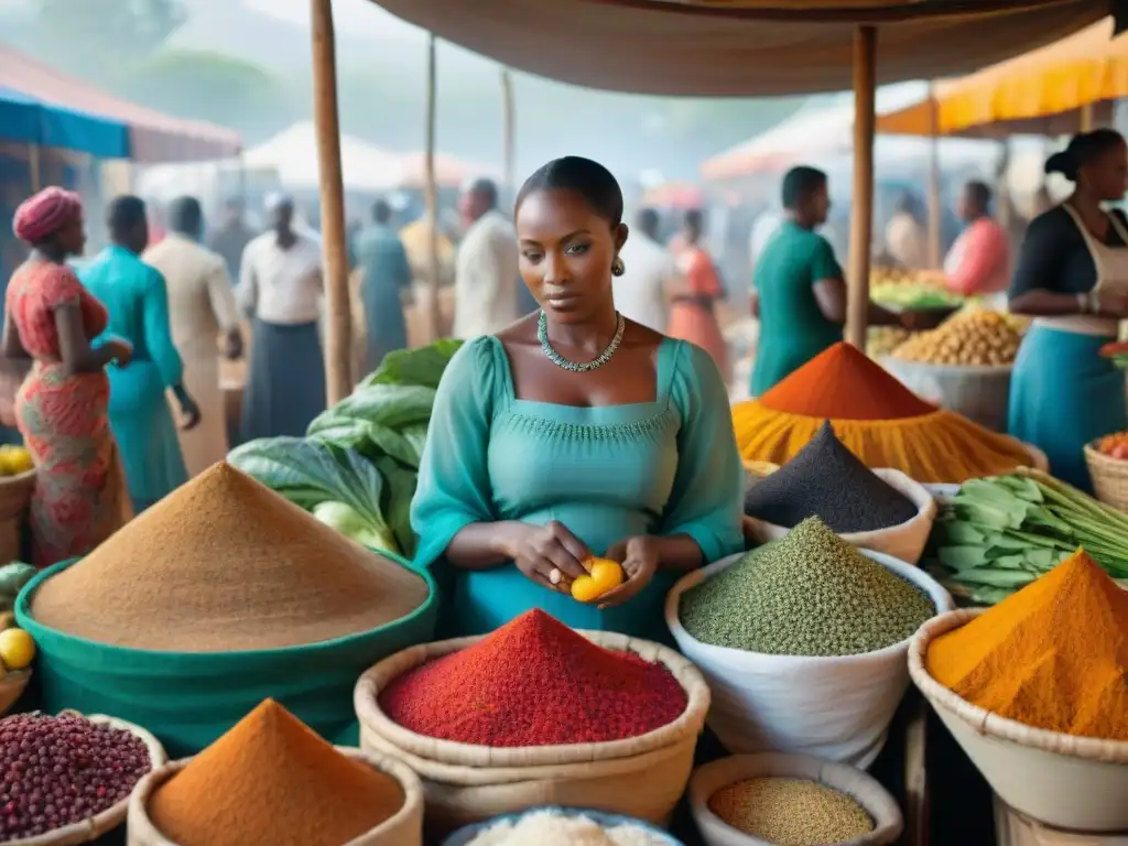 Vibrante mercado africano con especias, productos frescos y vendedoras preparando platos