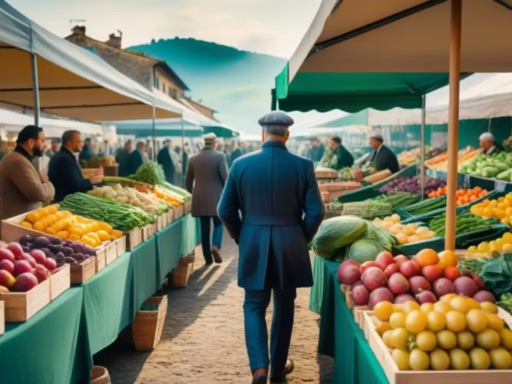 Vibrante mercado de agricultores en Italia con frutas y verduras locales en puestos de madera, destacando la cocina sostenible en Italia