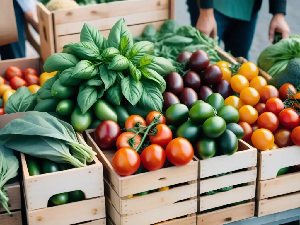 Vibrante mercado de agricultores en Italia, con huertos urbanos en cocina italiana, bajo el cálido sol mediterráneo