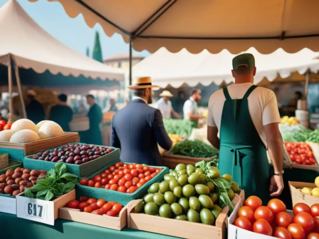 Un vibrante mercado de agricultores en Italia con ingredientes frescos y coloridos para una dieta de cocina italiana saludable