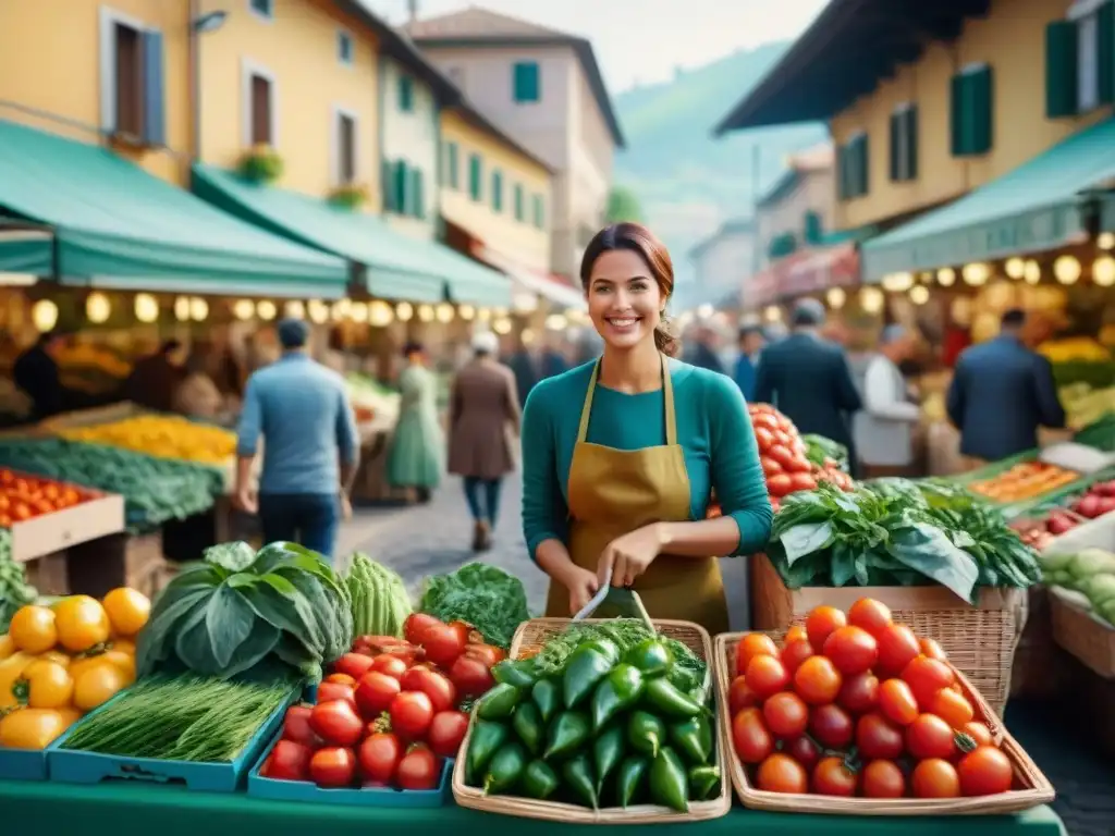 Un vibrante mercado agrícola en Italia, con agricultores locales y clientes intercambiando productos bajo la cálida luz del sol