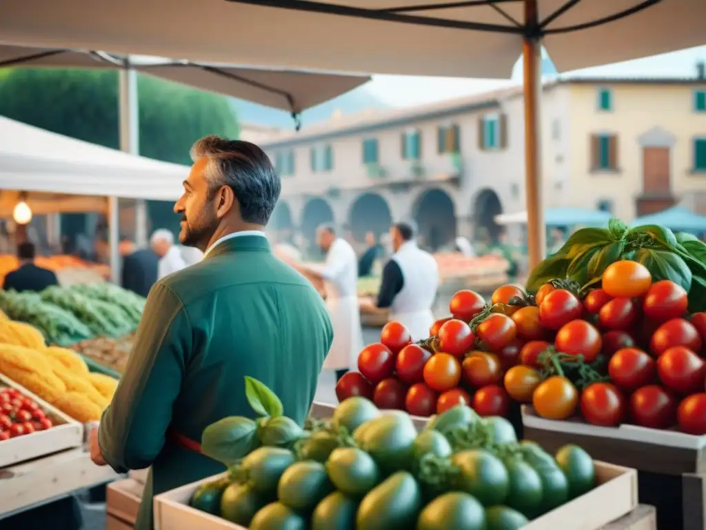 Un vibrante mercado de agricultores en Italia con productos frescos bajo el sol mediterráneo