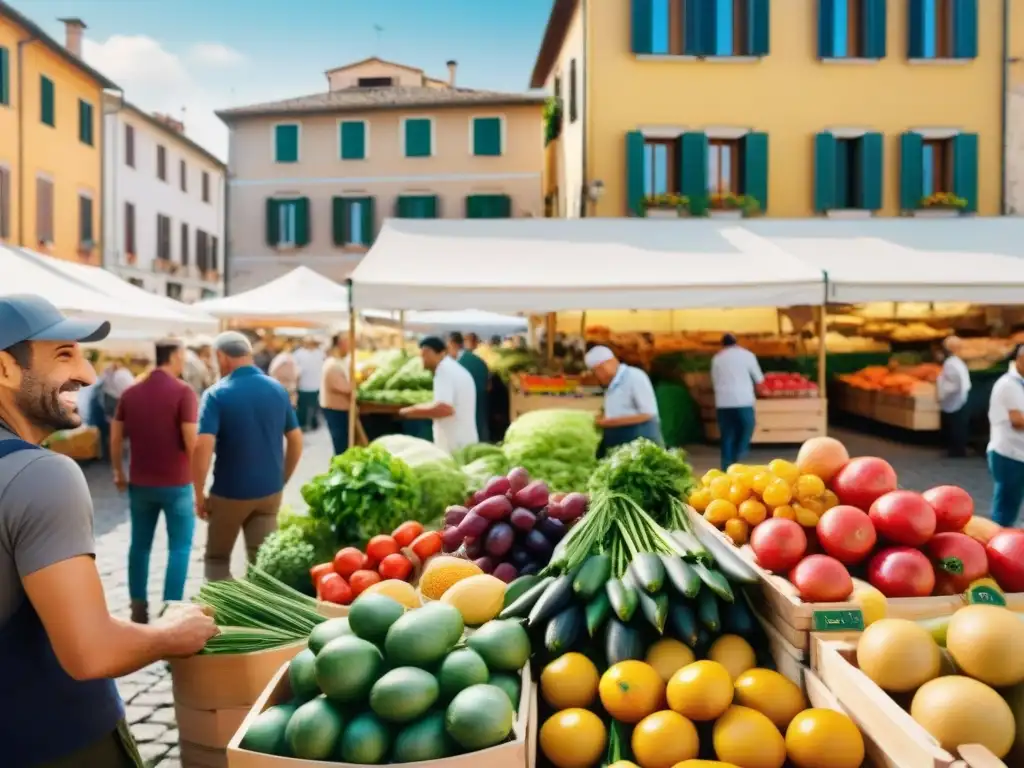 Un vibrante mercado de agricultores en Italia con productos frescos y coloridos en puestos de madera