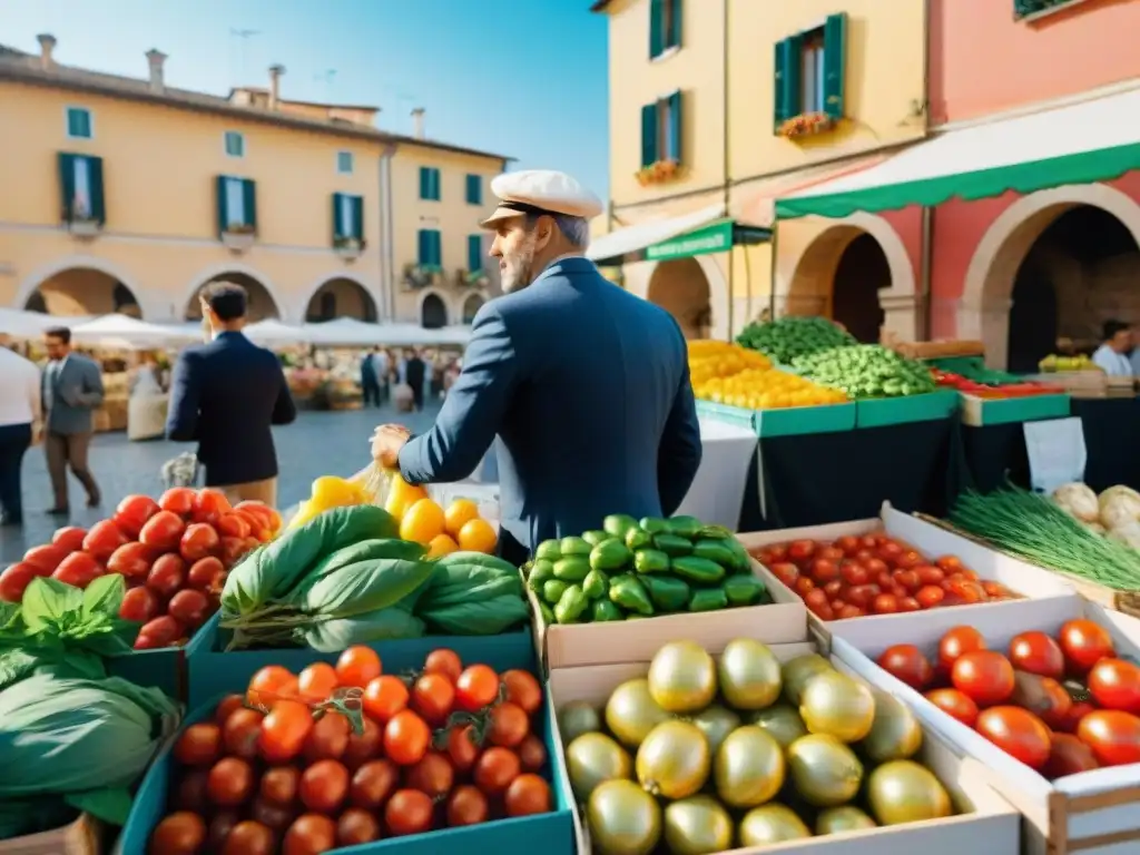 Un vibrante mercado de agricultores en Italia, con superalimentos coloridos como tomates, albahaca y alcachofas