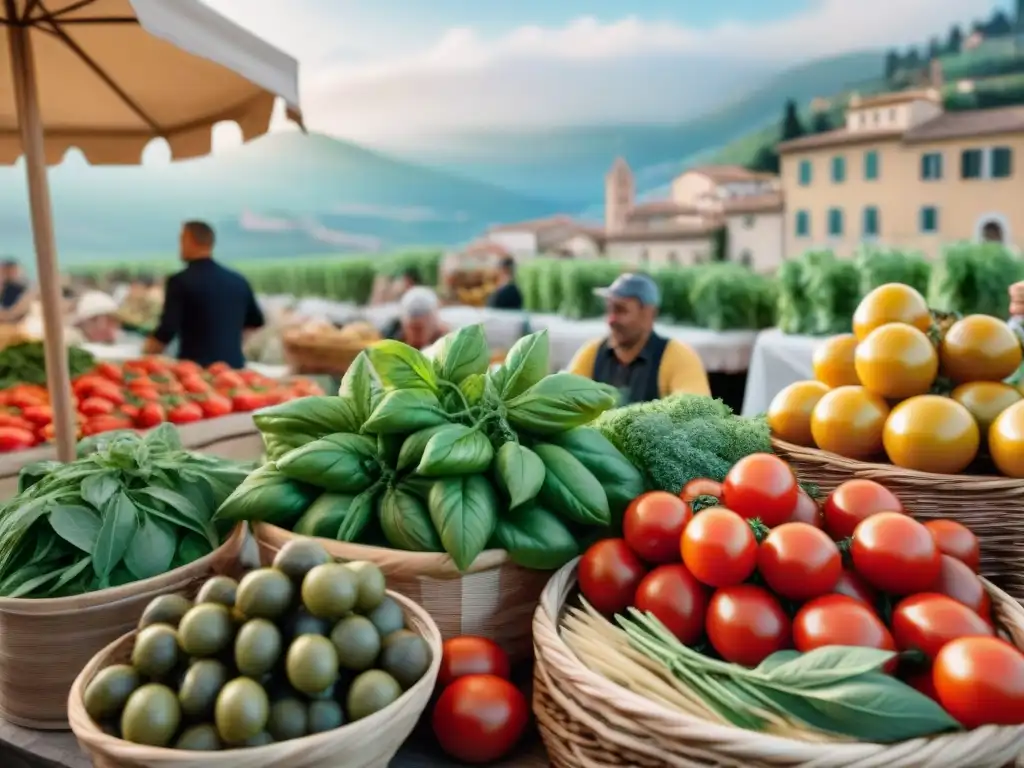 Vibrante mercado de agricultores en Italia con superalimentos frescos, agricultores locales y arquitectura tradicional