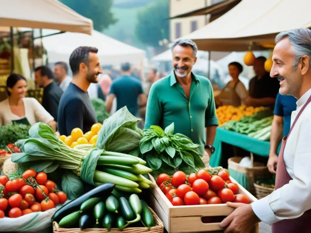 Un vibrante mercado de agricultores en la Toscana, Italia, con productos frescos y coloridos, chefs italianos y cocina sostenible