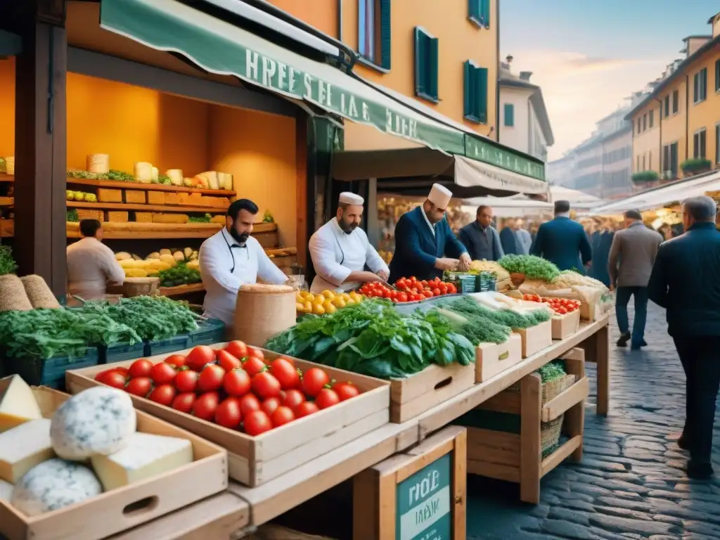 Vibrante mercado al aire libre en Milán con ingredientes frescos y vendedores locales en trajes tradicionales