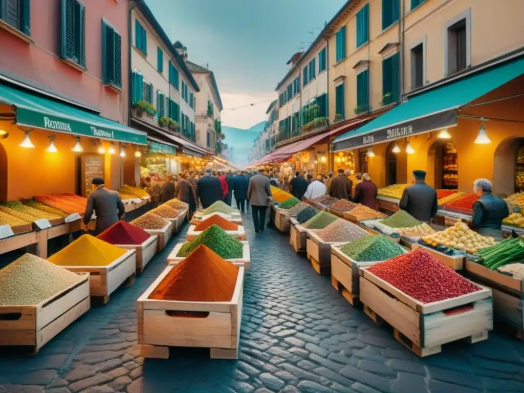 Vibrante mercado al aire libre en Nápoles, Italia, muestra influencia de especias en la gastronomía italiana