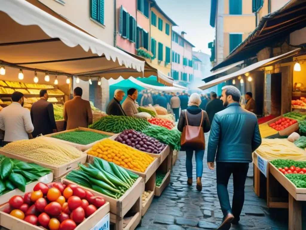 Un vibrante mercado al aire libre en Italia con ingredientes étnicos en pasta tradicional