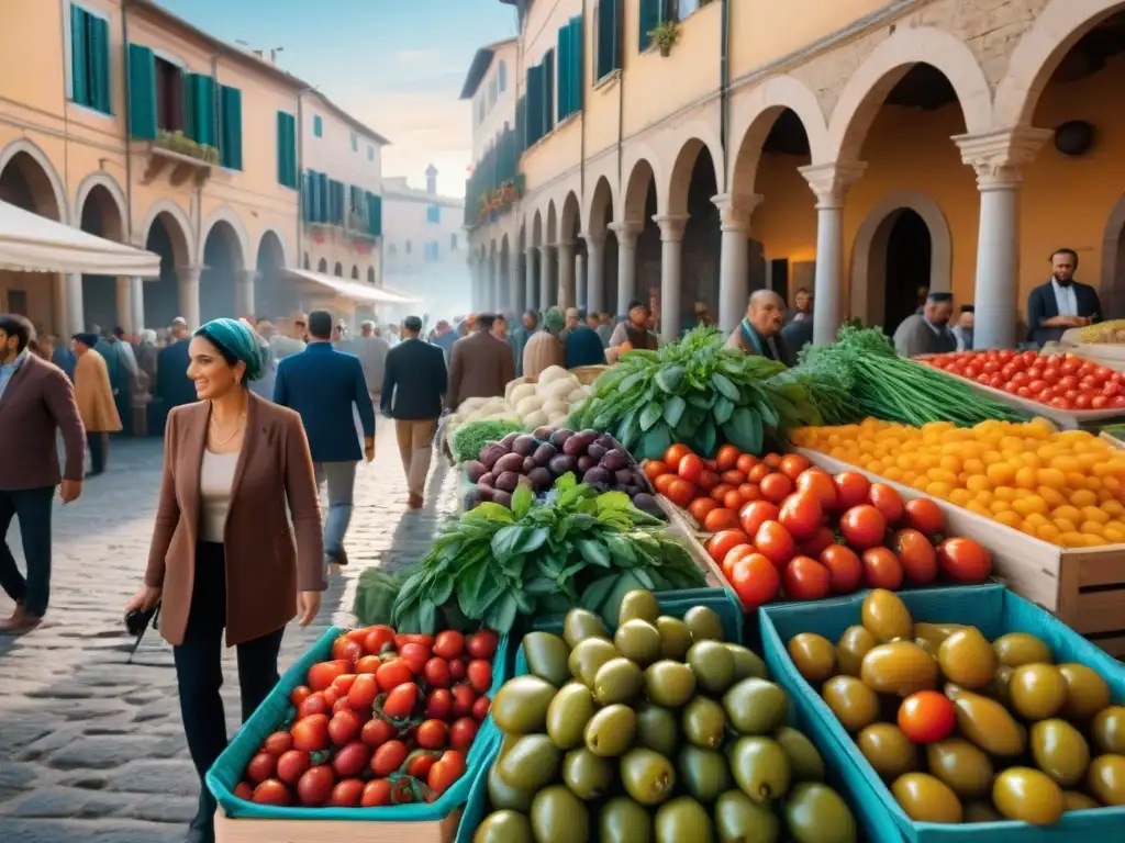 Vibrante mercado al aire libre en un pueblo del sur de Italia, fusionando culturas y gastronomía entre locales e inmigrantes