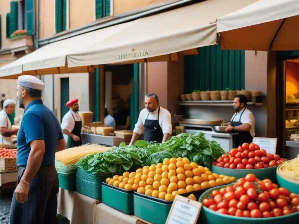 Un vibrante mercado al aire libre en Roma fusionando tradiciones culinarias con 'Tacos al estilo Roma'