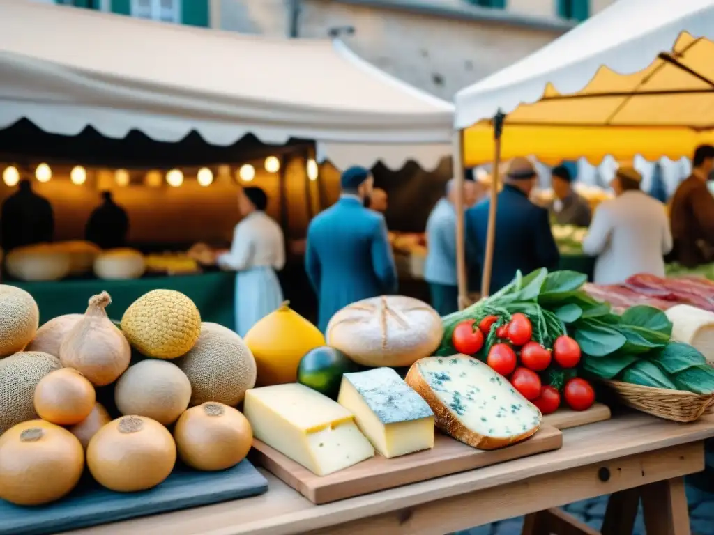 Vibrante mercado al aire libre en Italia, con productos frescos y coloridos, gente conversando y degustando