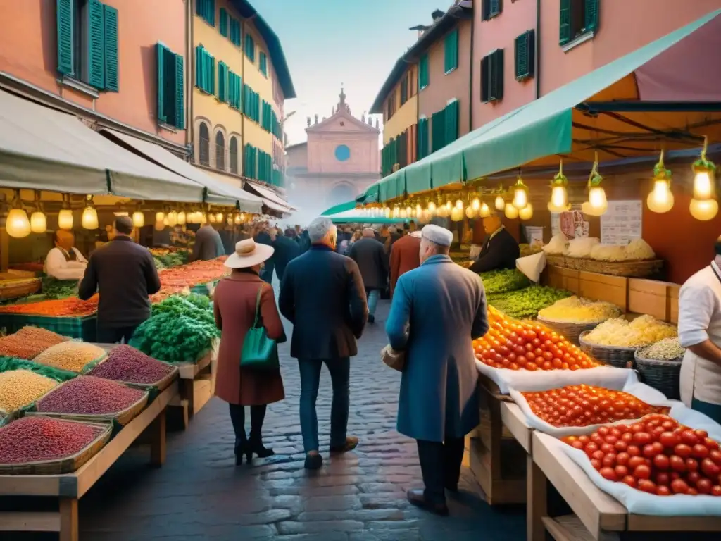 Un vibrante mercado al aire libre en Bolonia, Italia, muestra la evolución de la receta boloñesa con tomates frescos, cebollas y hierbas