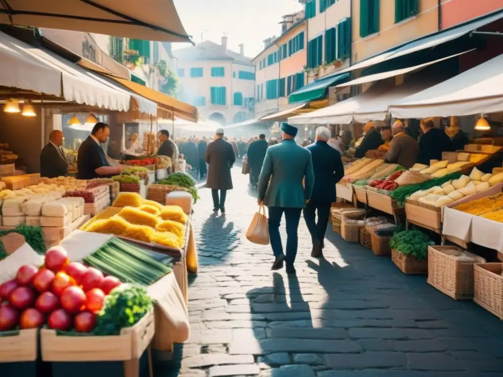 Un vibrante mercado al aire libre en Italia, lleno de puestos coloridos con productos frescos, quesos artesanales y pasta casera