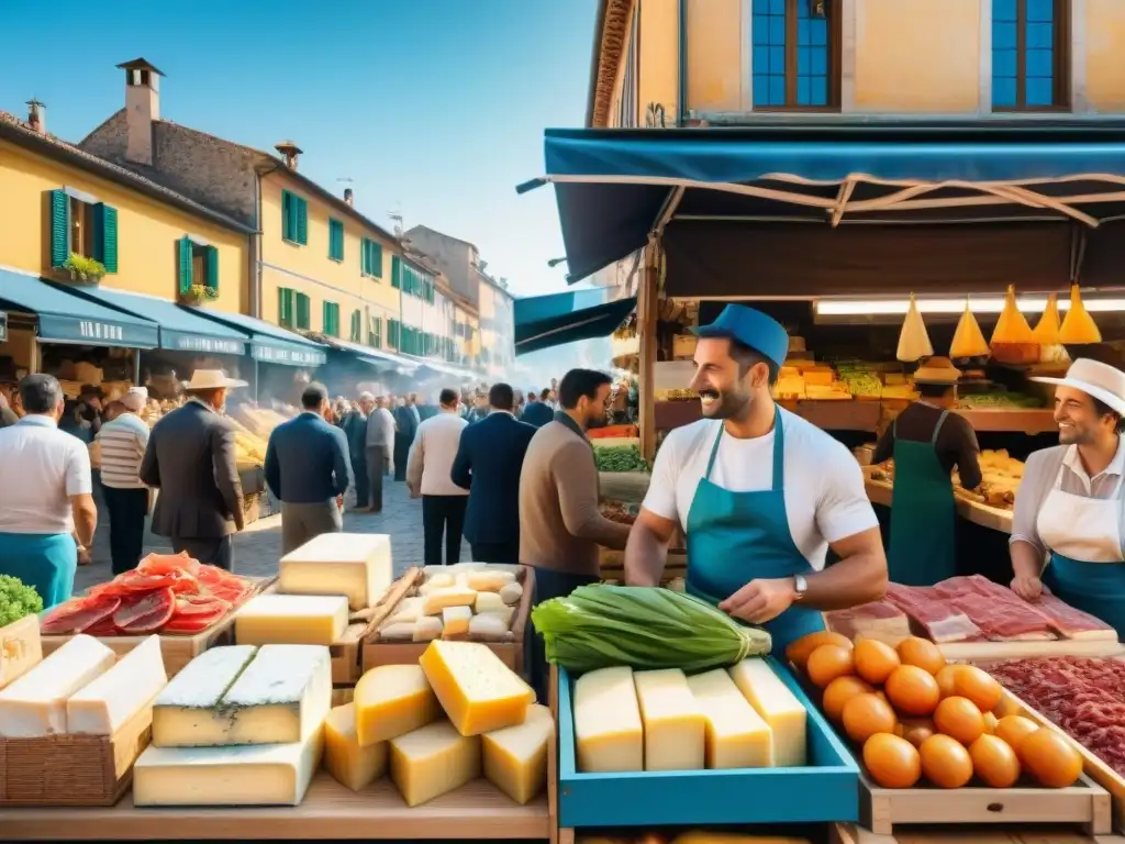 Un vibrante mercado de alimentos en Italia con productos frescos y coloridos bajo el cielo azul