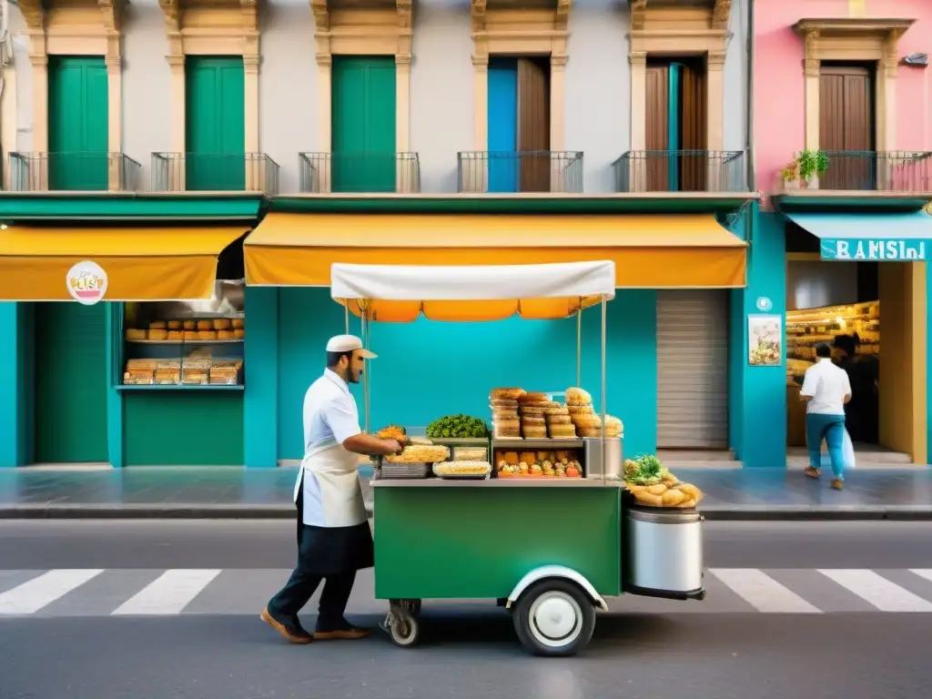 Un vibrante mercado callejero en Palermo, Sicilia, donde destaca un carrito de Pani ca Meusa