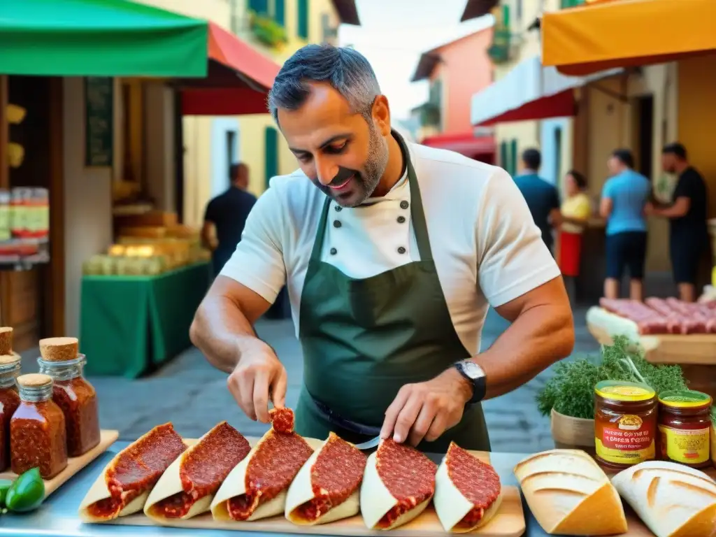 Un vibrante mercado callejero en Calabria, Italia, donde se prepara un delicioso soppressata caliente en panino bajo el cálido sol mediterráneo