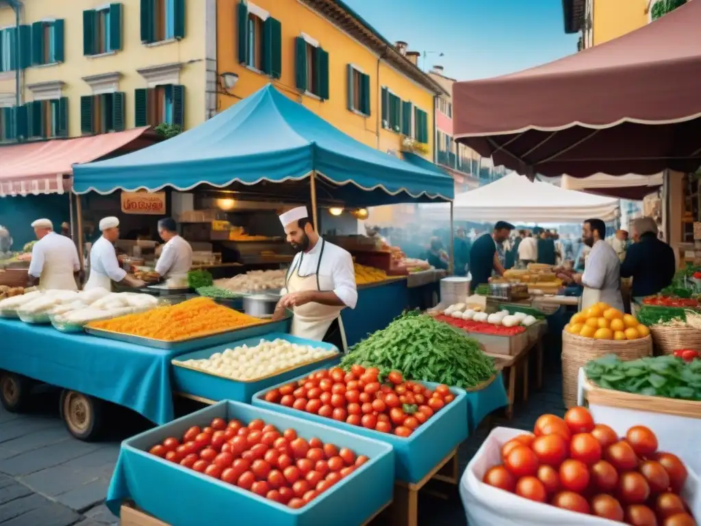 Vibrante mercado callejero en Nápoles con ingredientes frescos para la receta Pizza Fritta casera