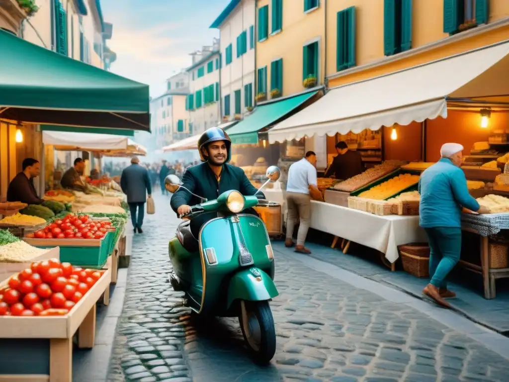 Un vibrante mercado callejero italiano en el extranjero con delicias culinarias y ambiente acogedor