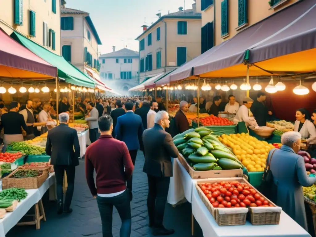 Un vibrante mercado callejero italiano durante un festival de cocina vegana, con puestos de productos frescos y coloridos