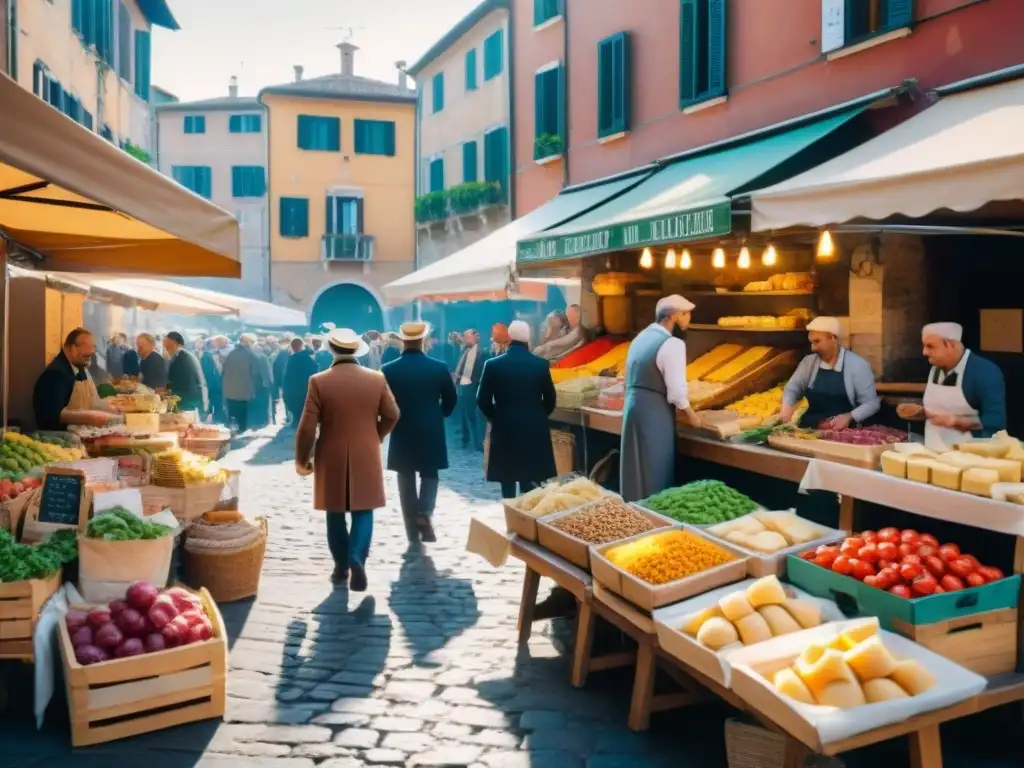 Vibrante mercado callejero italiano con productos frescos y coloridos, vendors locales y edificios históricos