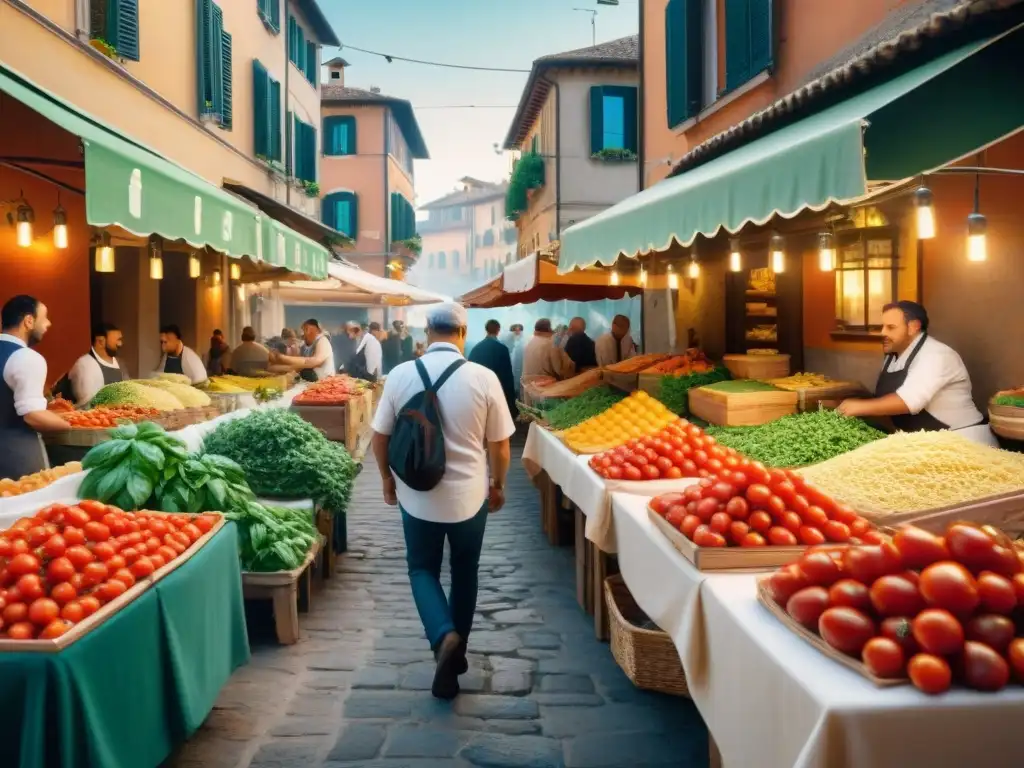 Un vibrante mercado callejero italiano con ingredientes frescos para platos italianos icónicos películas famosas