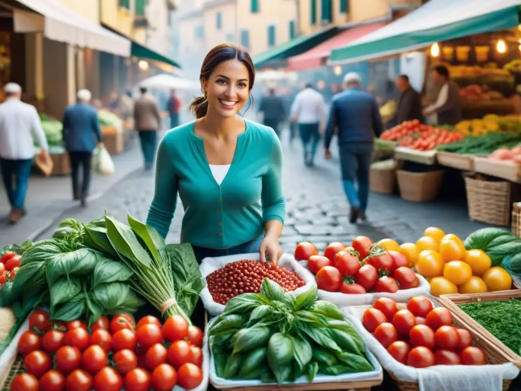 Un vibrante mercado callejero italiano con productos frescos y coloridos, reflejando la comida rápida italiana saludable