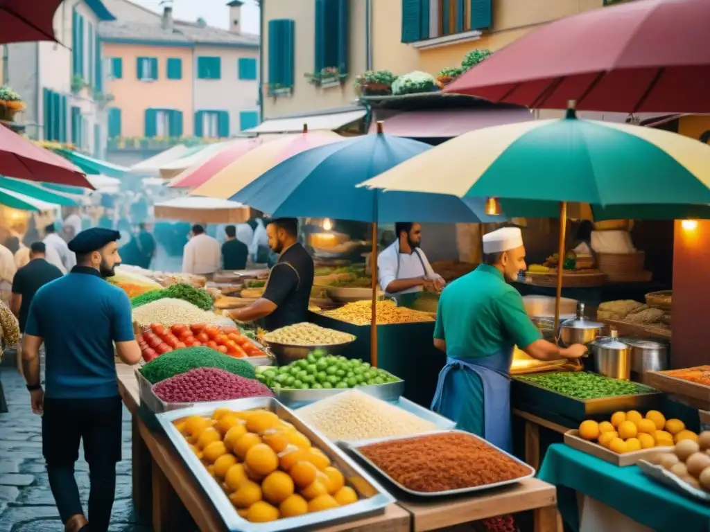 Un vibrante mercado callejero italiano con restaurantes étnicos y cocineros preparando platos tradicionales bajo coloridos toldos