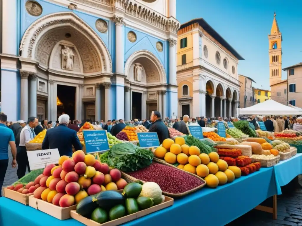 Vibrante mercado callejero italiano con productos coloridos y gente disfrutando, bajo un cielo azul