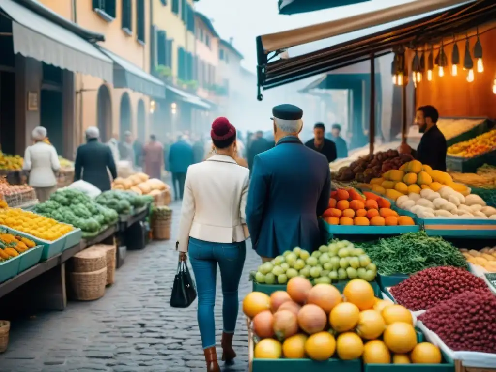 Un vibrante mercado callejero en Italia con puestos coloridos rebosantes de frutas exóticas e ingredientes del mundo