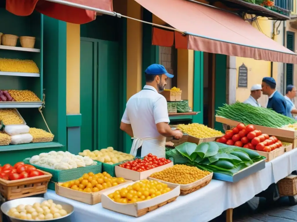 Un vibrante mercado callejero en Nápoles, Italia, con puestos coloridos de Frittata di pasta callejera napolitana