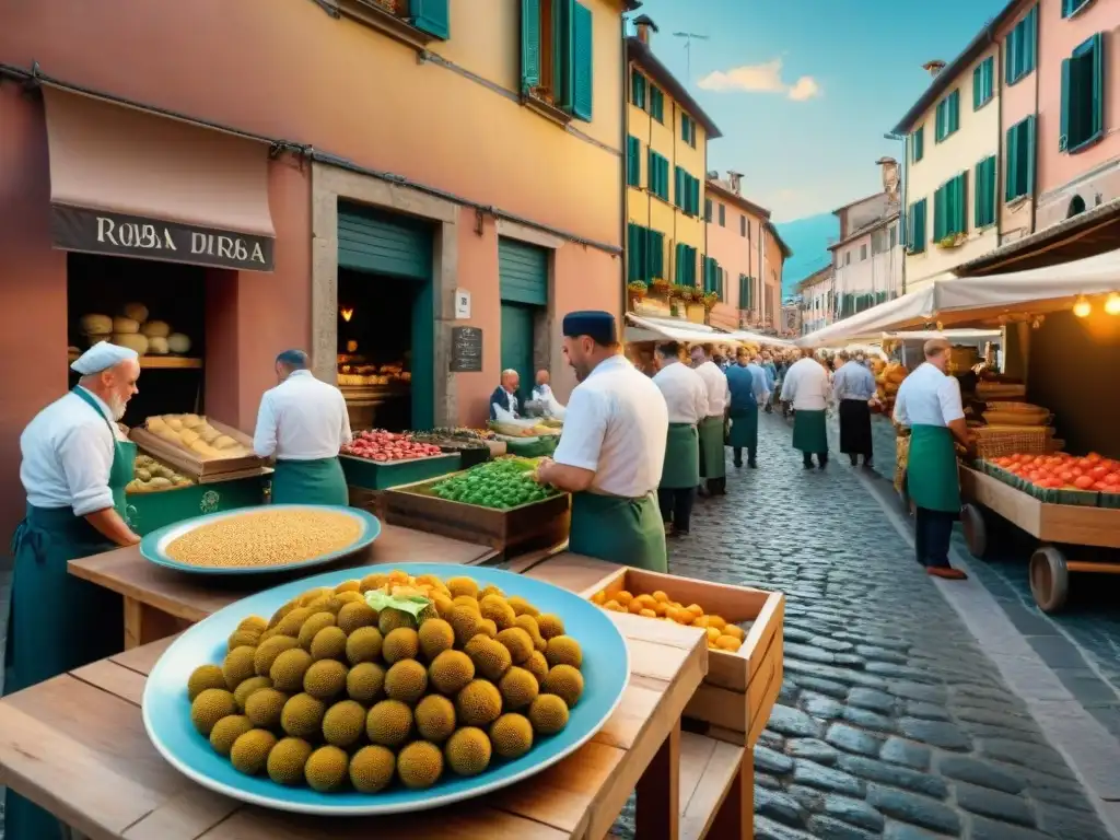 Vibrante mercado callejero en Emilia Romaña con Bomba di riso y chefs cocinando en sartenes de cobre