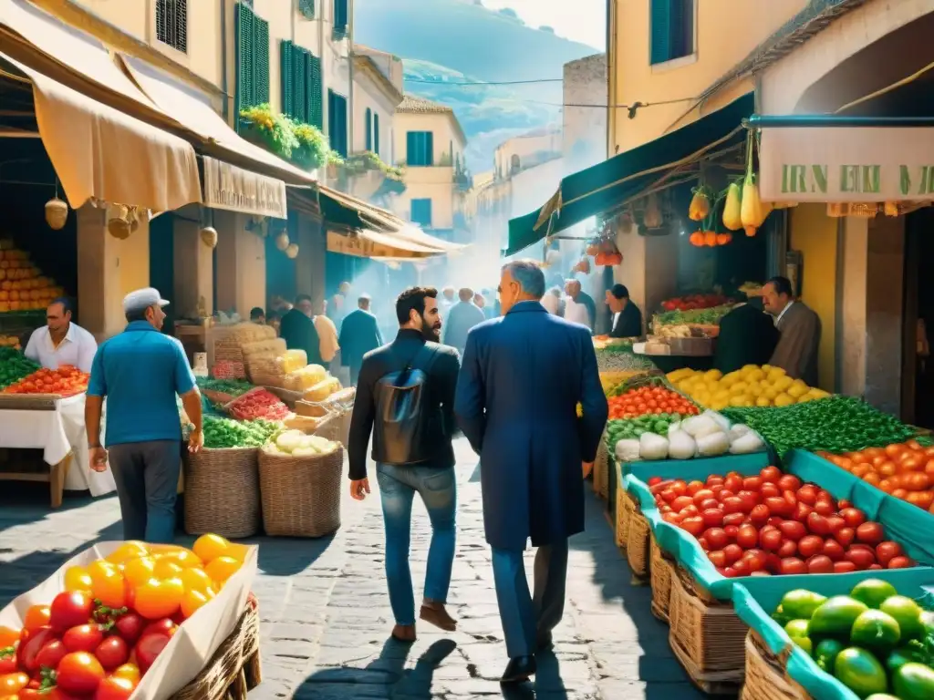 Un vibrante mercado callejero siciliano con productos frescos y coloridos