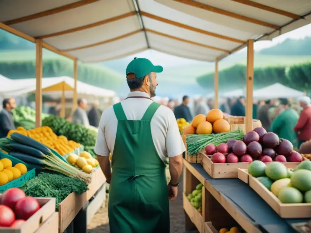 Vibrante mercado agrícola en Italia: coloridas frutas y verduras, interacciones comunitarias y prácticas sostenibles