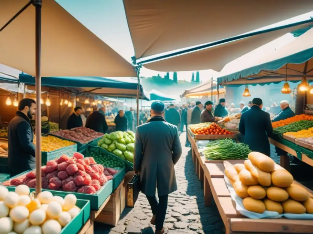Mercado culinario italiano: sabores frescos y tradición Vibrante mercado de comida al aire libre en Italia con productos frescos y arquitectura histórica