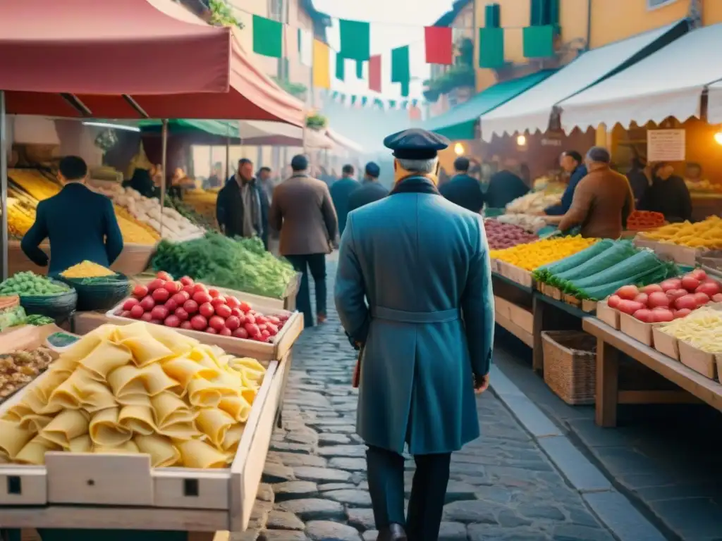 Vibrante mercado de comida italiana en el extranjero, con productos frescos, pasta casera y banderas coloridas