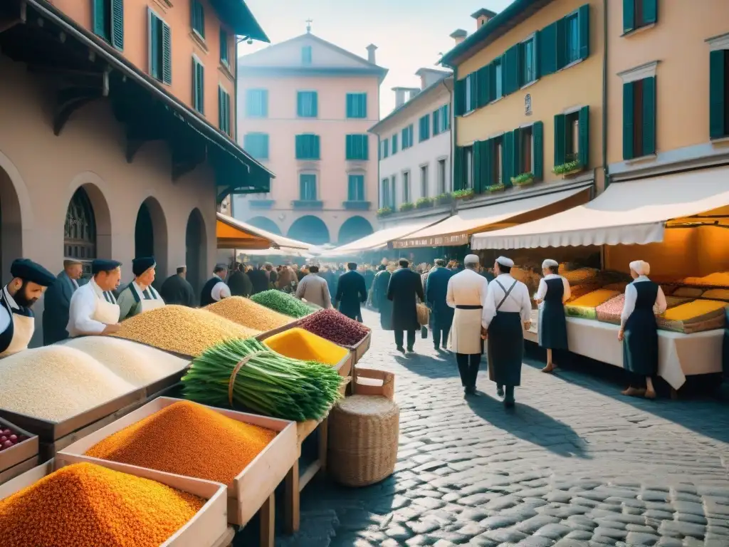 Vibrante mercado histórico en Milán, Italia, origen del risotto alla milanese