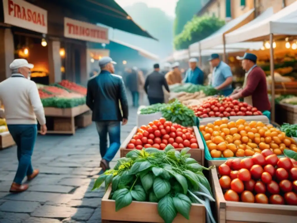 Vibrante mercado italiano al aire libre con tomates frescos, albahaca y ajos, vendedores locales compartiendo recetas tradicionales