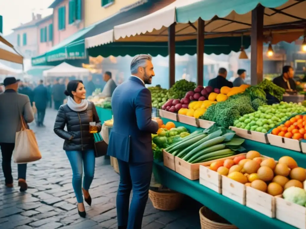 Vibrante mercado italiano al aire libre con productos frescos y coloridos